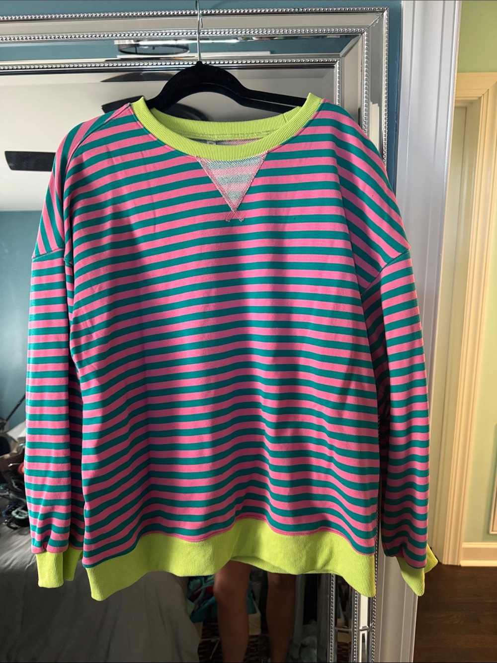 Women’s Pink & Teal Striped Crewneck Sweater with Lime Trim